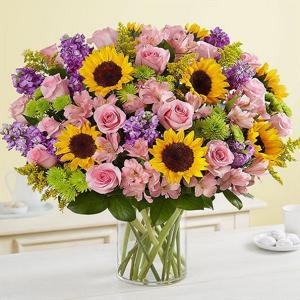 Kır Bahçesi Ayçiçekleri, Güller, Şebboylar ve Kır Çiçekleri Aranjmanı nin resmi