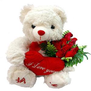 Mükemmel Çift Kırmızı Gül Buketi ve Peluş Ayıcık nin resmi