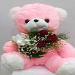 Pembe Ayıcıklı Kırmızı Gül Buketi nin resmi